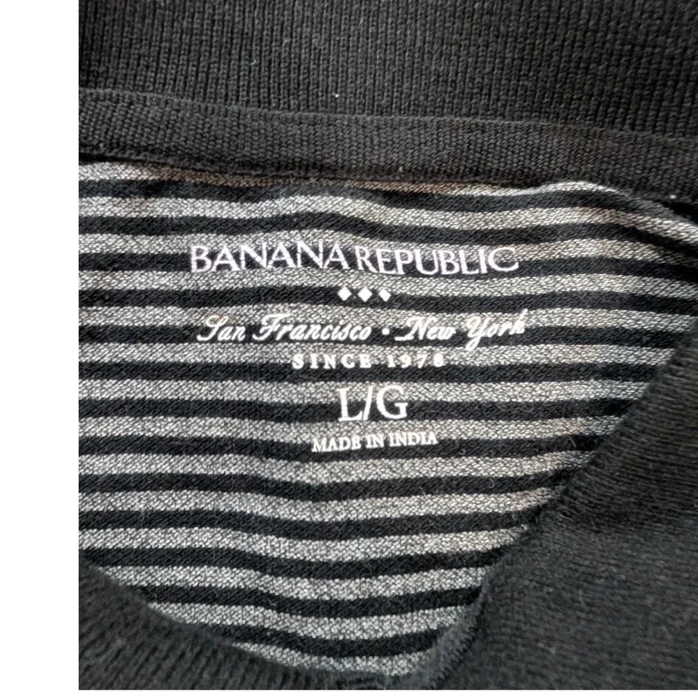 Banana Republic Mens Polo Shirt Large Black Grey Striped Short Sleeve Cotton L/G
